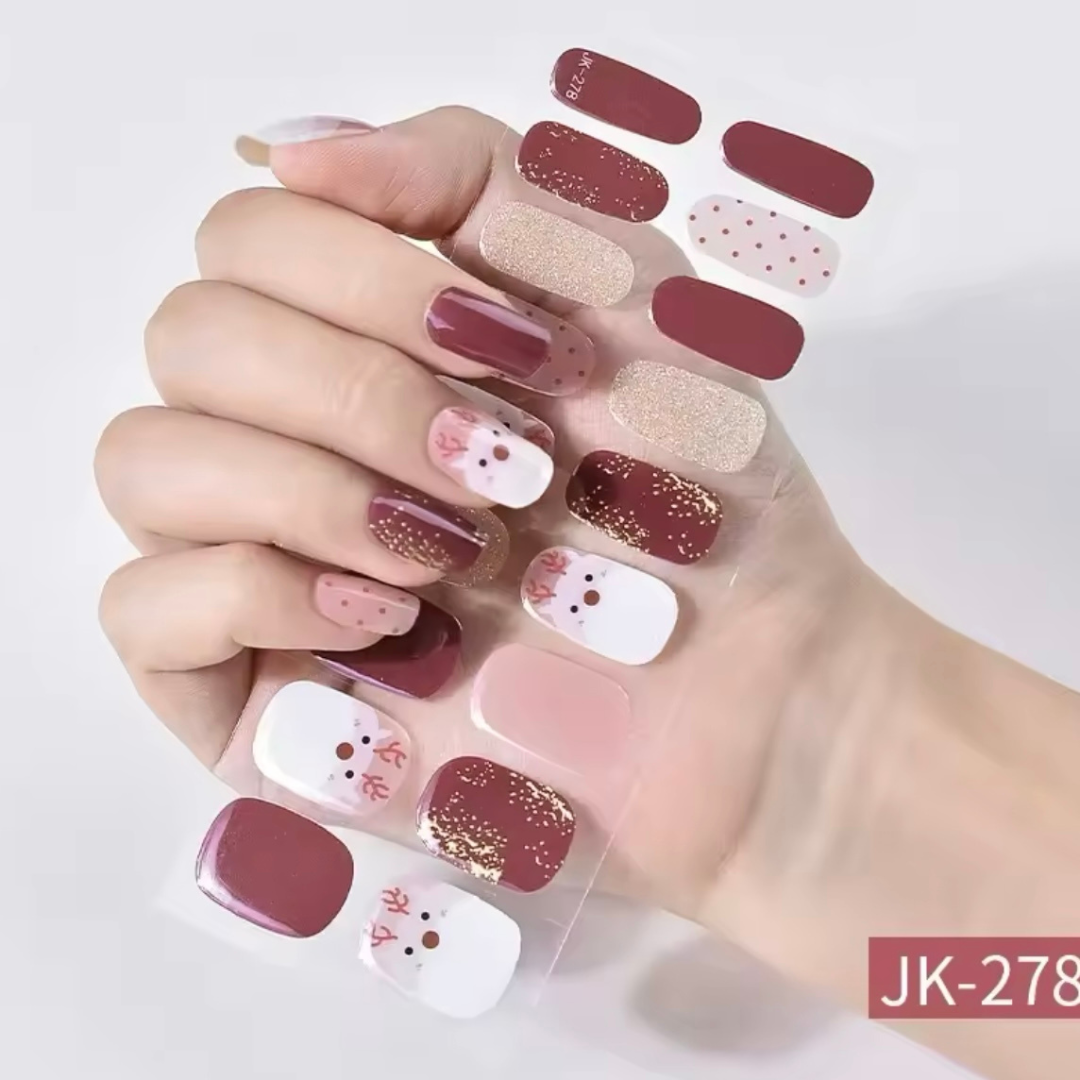 KJ278 Deer Red Snow design wigold glitter semicure gel nail strips The original Trending